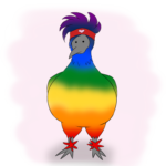 Chickabella, a rainbowed chicken with a red headband bearing a pink heart