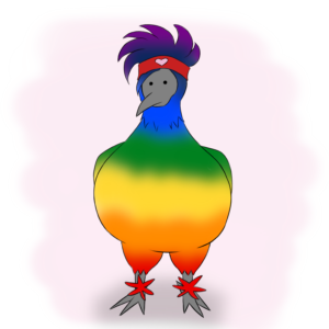 Chickabella, a rainbowed chicken with a red headband bearing a pink heart