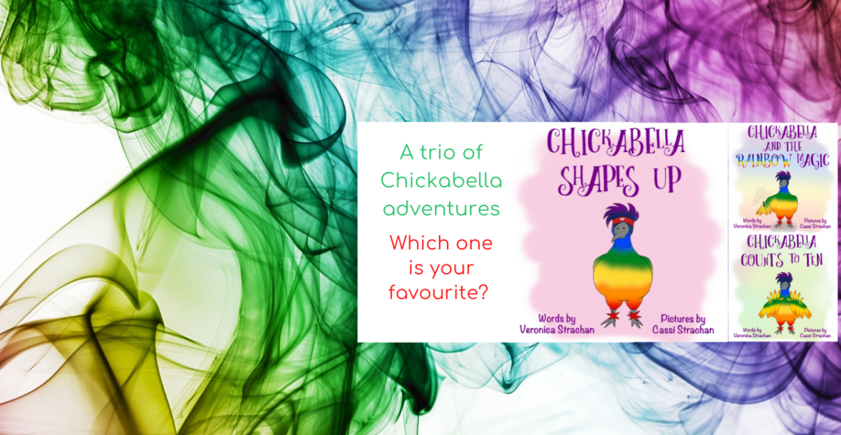 Chickabella book covers on a rainbow smoke background